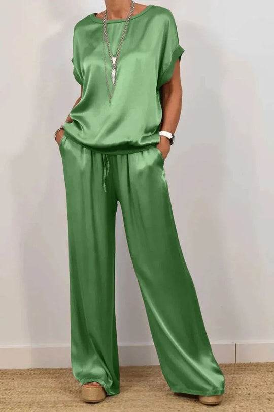 Damen Elegantes Satin Lounge-Set mit weitem Schnitt und lässigem Oberteil Heidi-Mode