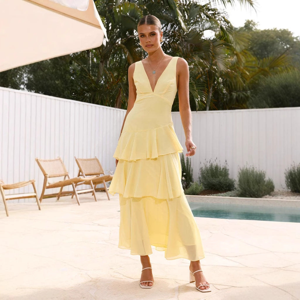 Damen Maxi-Kleid mit eleganten Volants und tiefem V-Ausschnitt Heidi-Mode