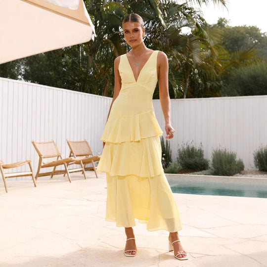 Damen Maxi-Kleid mit eleganten Volants und tiefem V-Ausschnitt Heidi-Mode