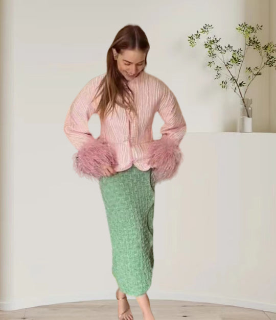 Damen Elegante Strickjacke mit voluminösen Ärmeln und feinem Muster Heidi-Mode