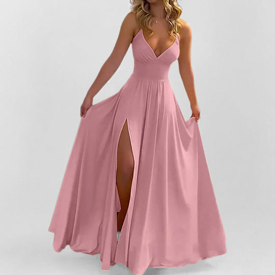 Damen Maxikleid mit tiefem V-Ausschnitt und seitlichem Schlitz Heidi-Mode