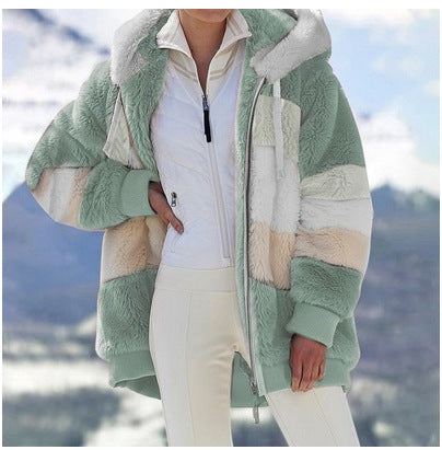 Damen Modische und warme Fleecejacke mit Kapuze und blockartigem Design Heidi-Mode