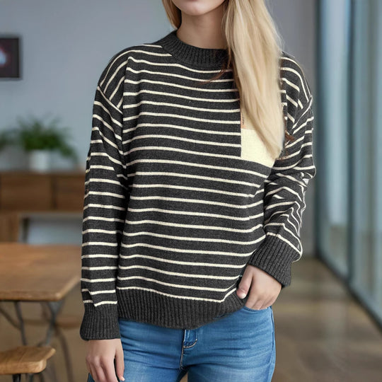 Damen lässiger Strickpullover mit breitem Streifenmuster und überschnittenen Schultern Heidi-Mode