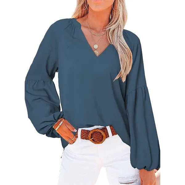 Damen Bluse mit weitem Ballonärmel und elegantem V-Ausschnitt Heidi-Mode