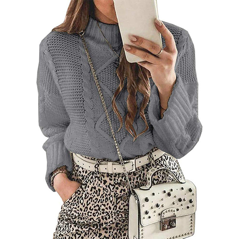 Damen modischer Strickpullover mit eleganten Zopfmustern und leichtem Rollkragen Heidi-Mode