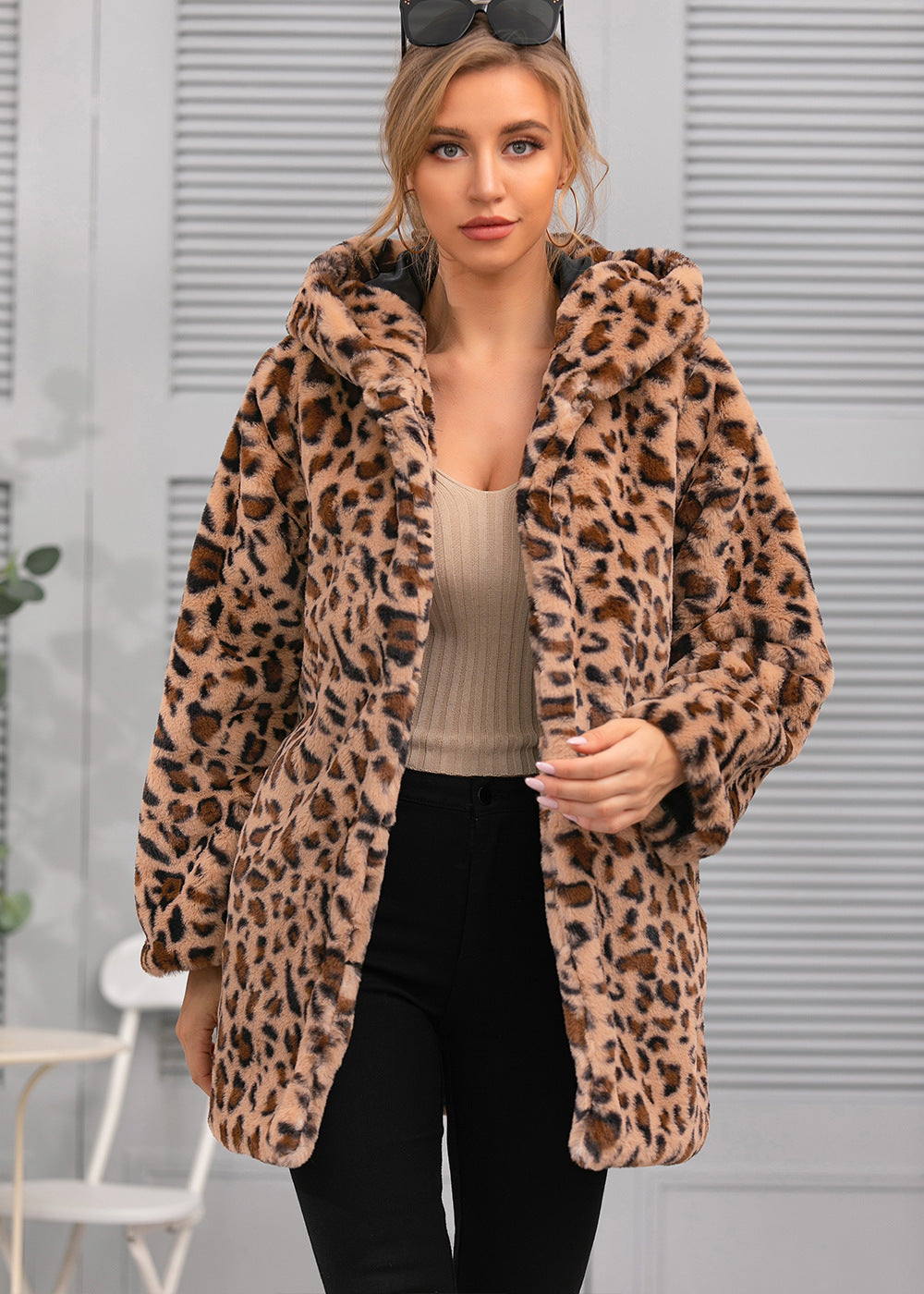 Damen kuschelige Oversized-Jacke mit elegantem Leopardenmuster Heidi-Mode