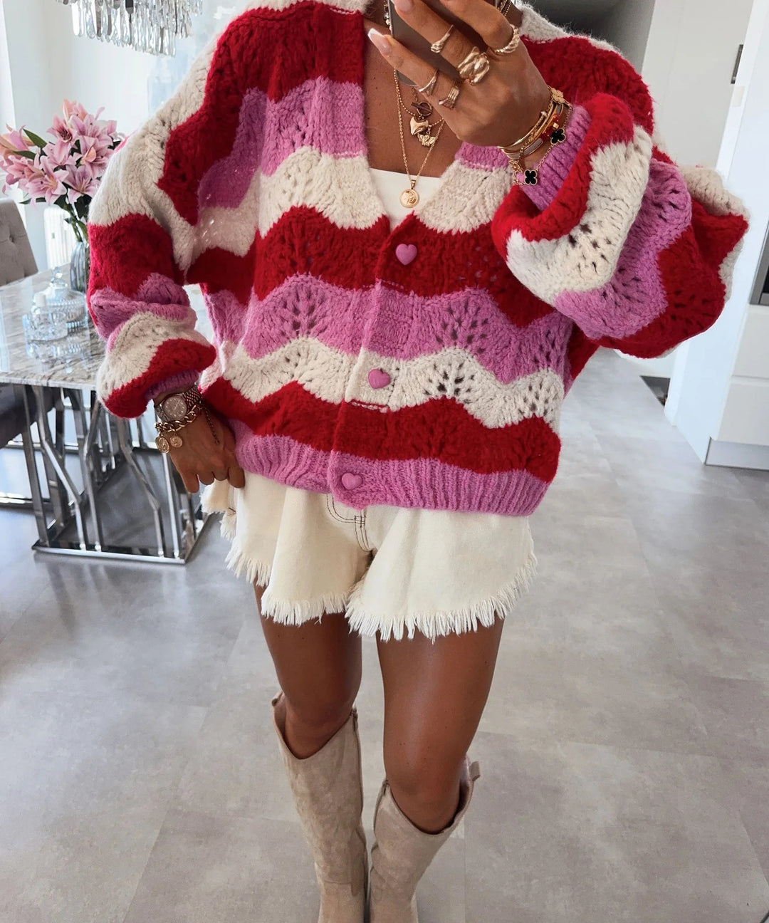 Damen gemütlicher Strickcardigan mit Wellenmuster Heidi-Mode