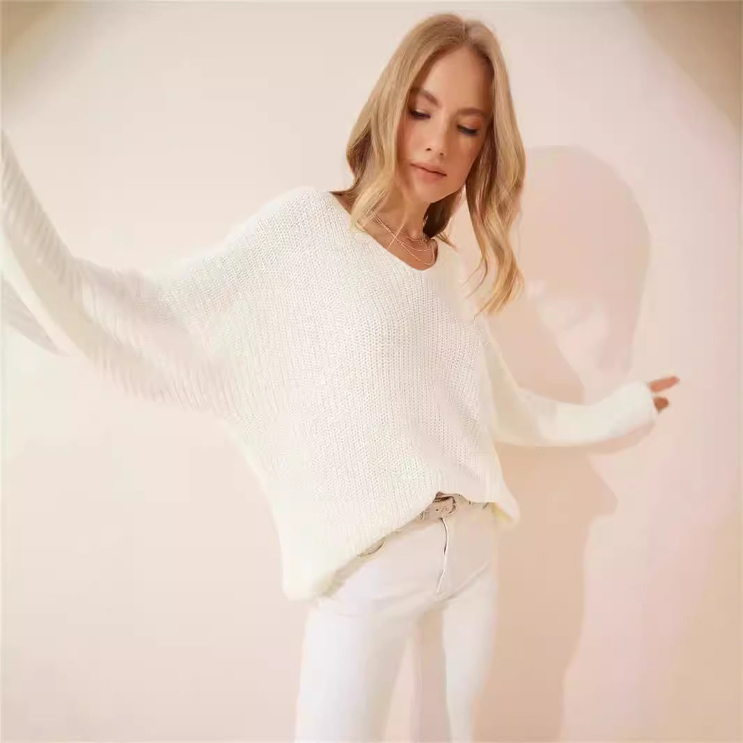 Damen lässiger V-Ausschnitt Pullover mit strukturiertem Strickmuster Heidi-Mode