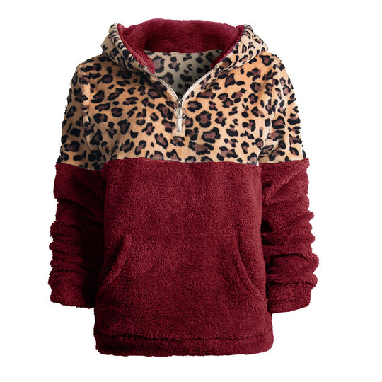 Damen kuscheliger Kapuzenpullover mit aufregendem Leopardenmuster und Kängurutasche Heidi-Mode