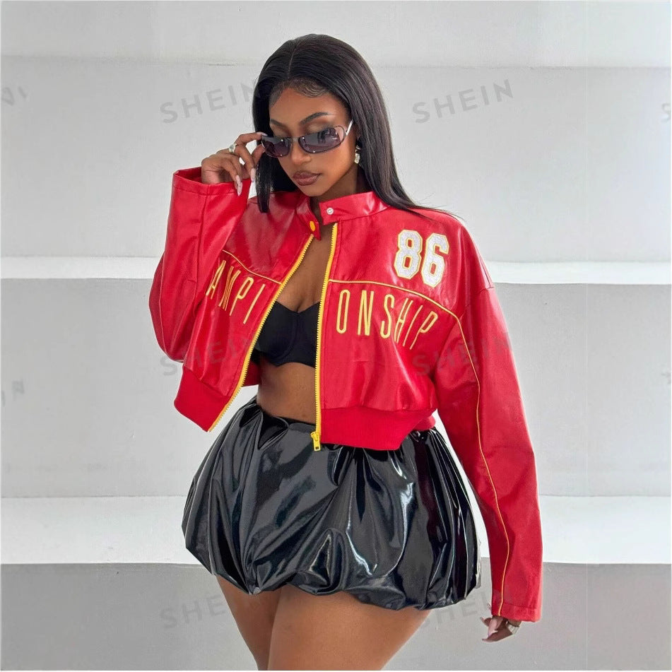 Damen cropped Kunstlederjacke mit sportiven Details Heidi-Mode