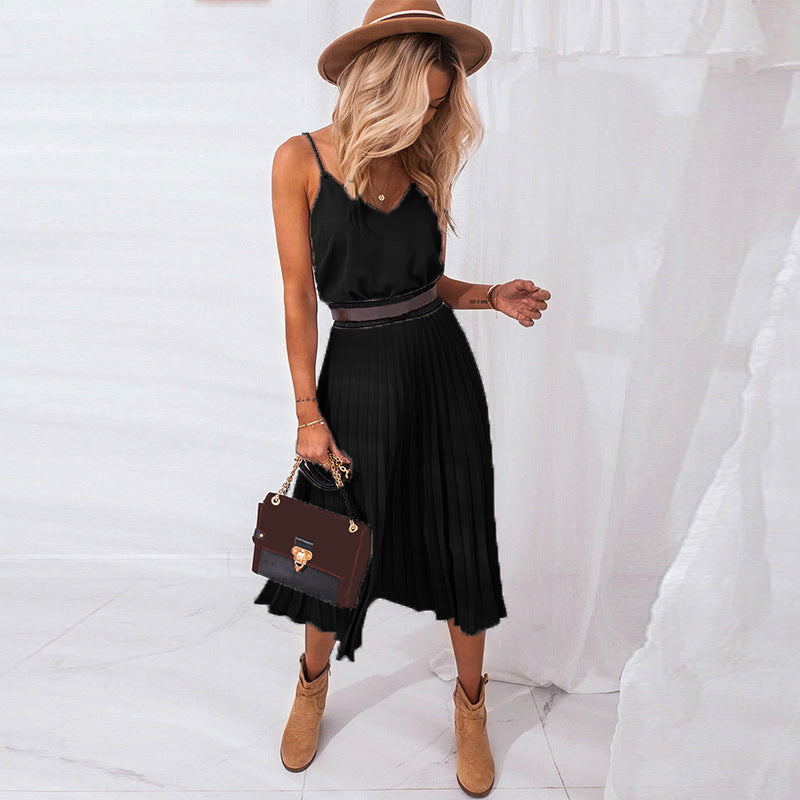 Damen Plissee Midi-Kleid mit Spaghettiträgern und schmeichelnder Silhouette Heidi-Mode