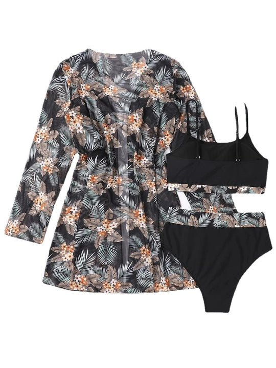 Damen Strandbekleidungs-Set mit floralem Kimono, Bikini und hoch geschnittenem Slip Heidi-Mode