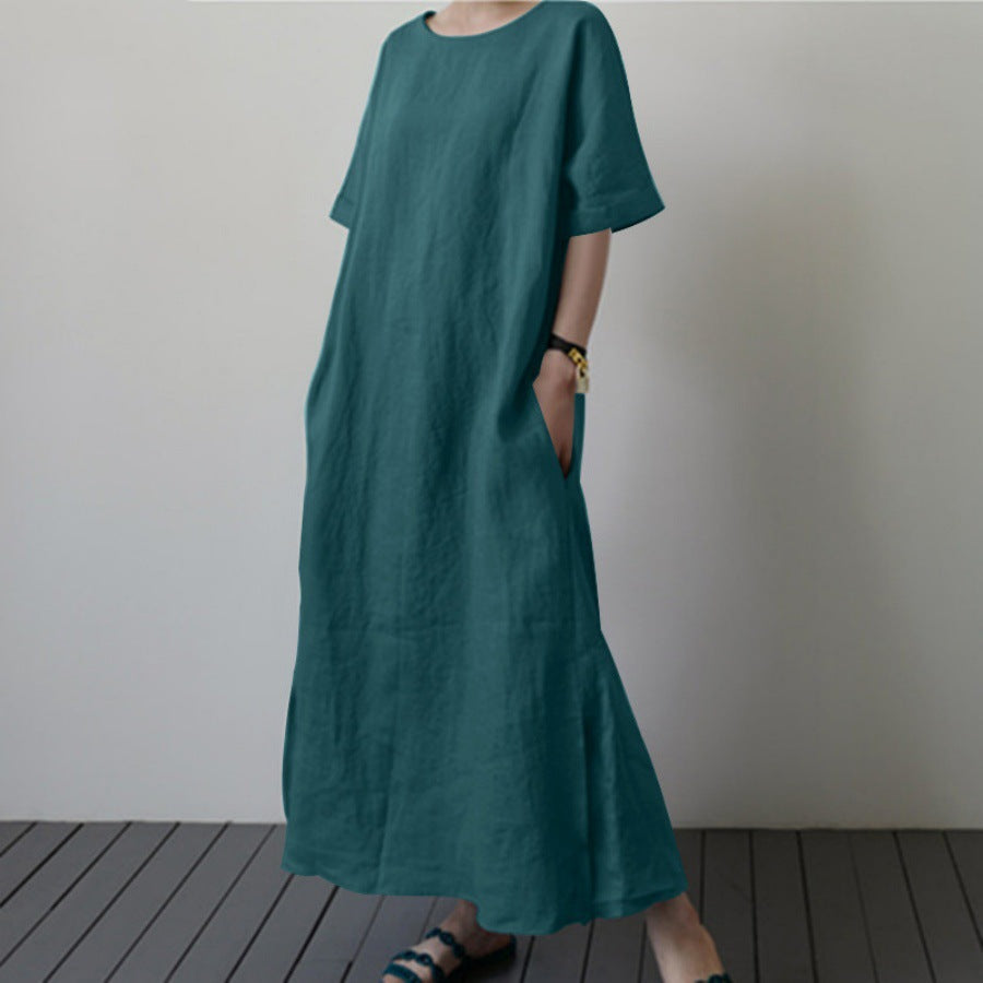 Damen Leinenmaxikleid mit weit geschnittenen Ärmeln und Taillengürtel Heidi-Mode