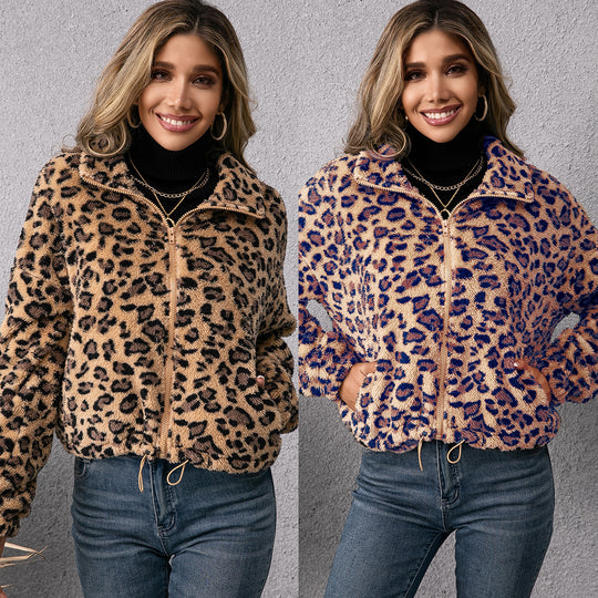 Damen Fleecejacke mit Leoparddruck und seitlichen Taschen Heidi-Mode
