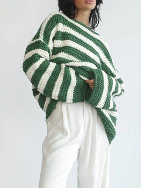 Damen lässiger Strickpullover mit kontrastierenden Streifen und weitem Schnitt Heidi-Mode