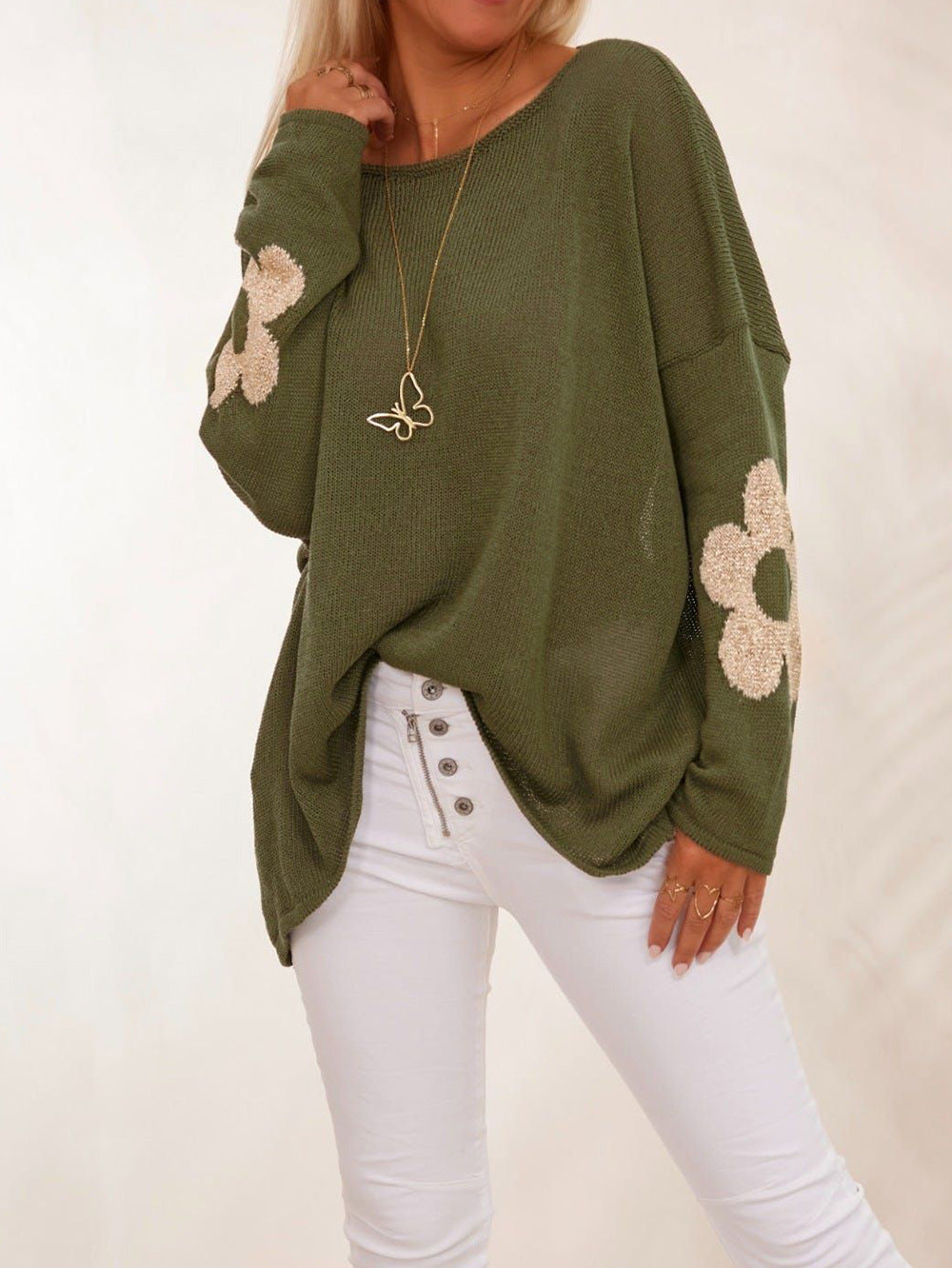 Damen grob gestrickter Pullover mit floralem Design und weitem Schnitt Heidi-Mode