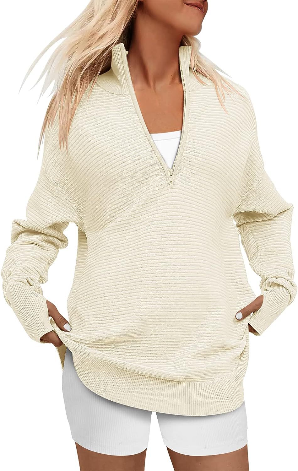 Damen Oversized Pullover mit Stehkragen und Reißverschluss Heidi-Mode