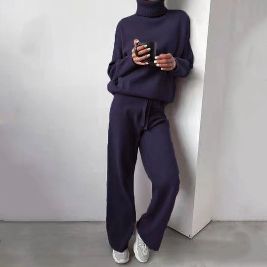 Damen elegantes Strick-Loungewear-Set mit hohem Kragen und weitem Bein Heidi-Mode