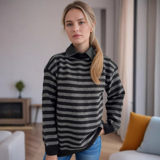 Damen lässiger Pullover mit strukturellem Streifenmuster und modischem Kragen Heidi-Mode