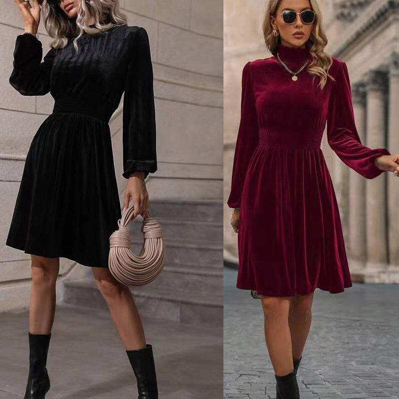 Damen Samtkleid mit hochgeschlossenem Design und eleganten langen Ärmeln Heidi-Mode