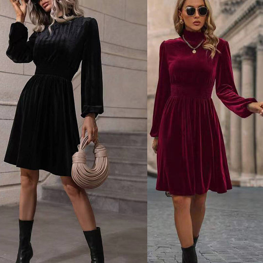 Damen Samtkleid mit hochgeschlossenem Design und eleganten langen Ärmeln Heidi-Mode