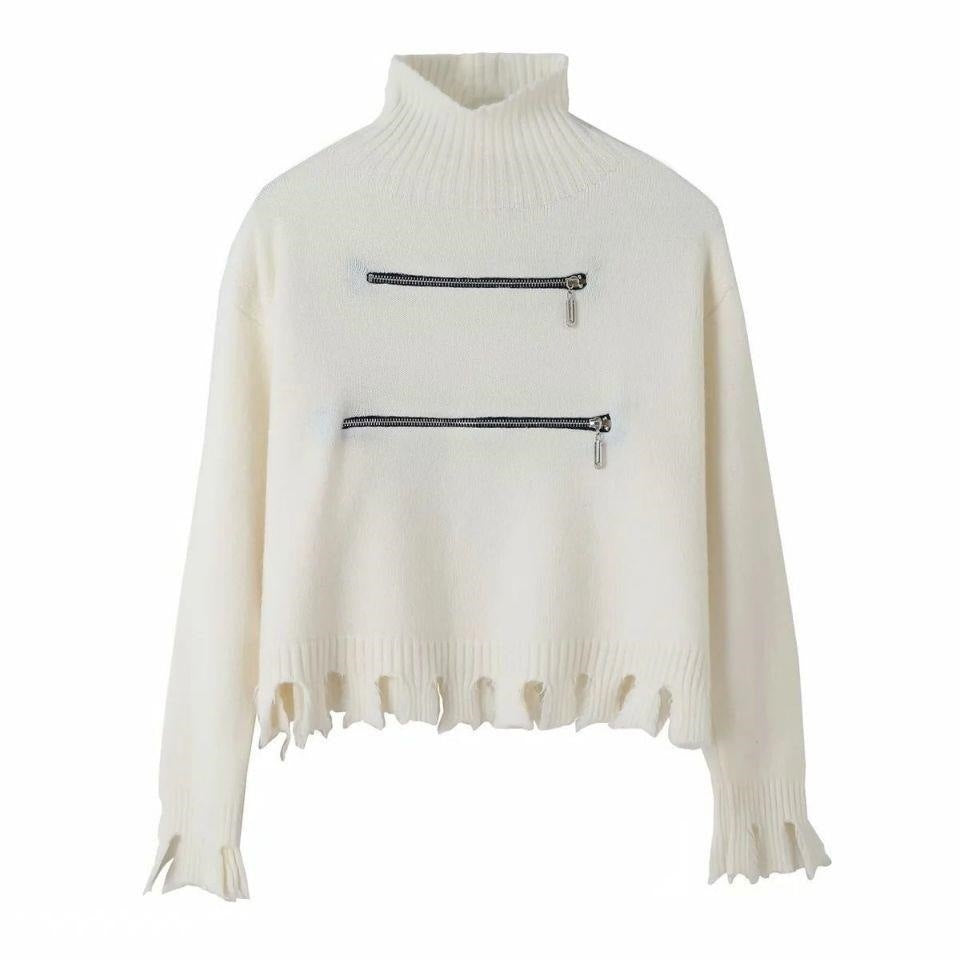 Damen stylischer Stehkragenpullover mit zwei asymmetrischen Reißverschlusstaschen und fransigem Saum Heidi-Mode