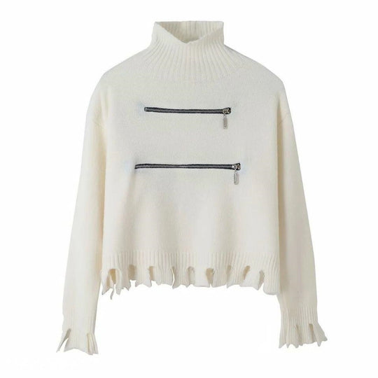 Damen stylischer Stehkragenpullover mit zwei asymmetrischen Reißverschlusstaschen und fransigem Saum Heidi-Mode