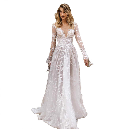 Damen Hochzeitskleid mit filigranem Spitzenoberteil und tiefem V-Ausschnitt Heidi-Mode