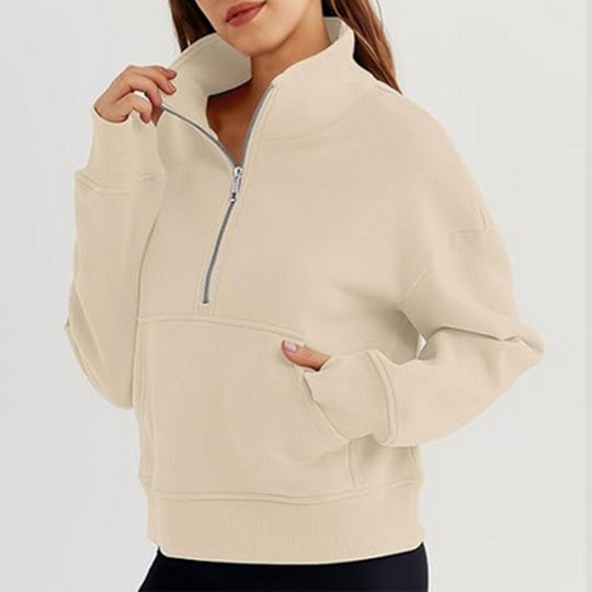 Damen lässiger Pullover mit hohem Kragen und kurzer Reißverschluss Heidi-Mode
