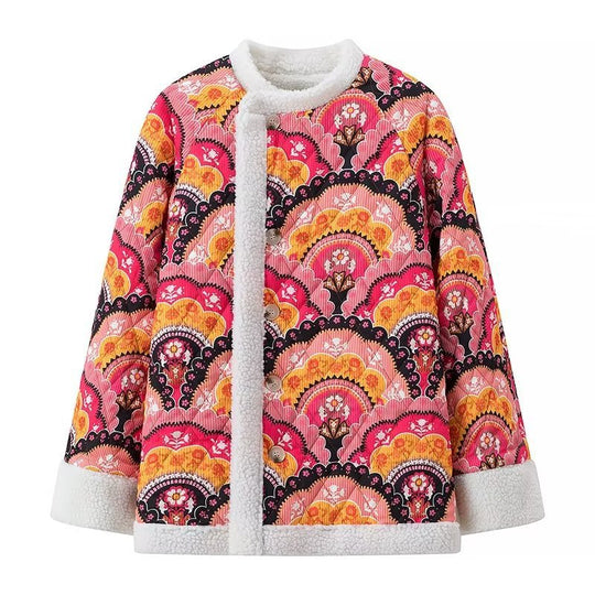 Damen modische Steppjacke mit farbenfrohem Muster und flauschigem Futter Heidi-Mode