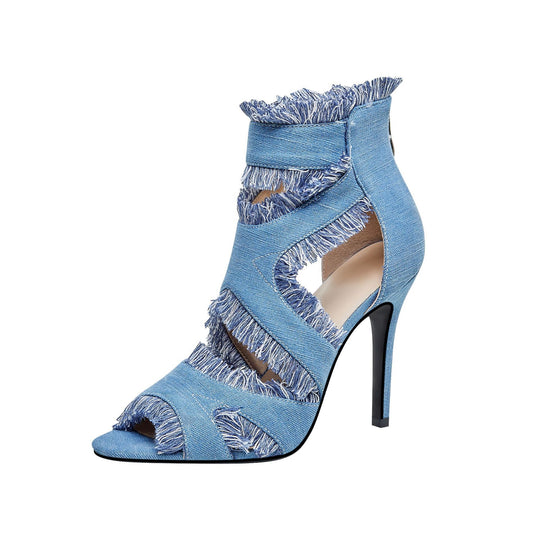 Femme Offene Zehen Fransen Detail Stiletto Stiefel Heidi-Mode