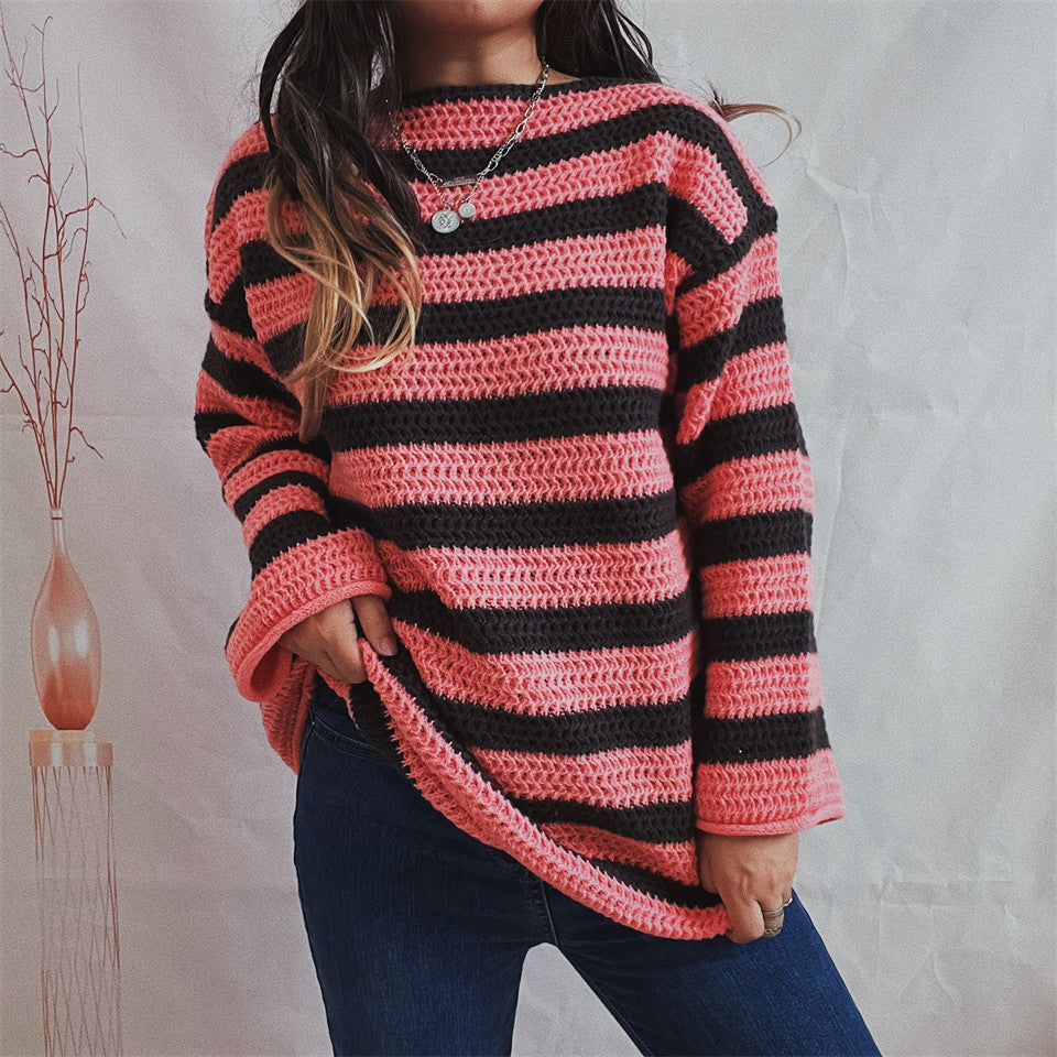 Damen lässiger Strickpullover mit kontrastierenden Streifen und weitem Schnitt Heidi-Mode