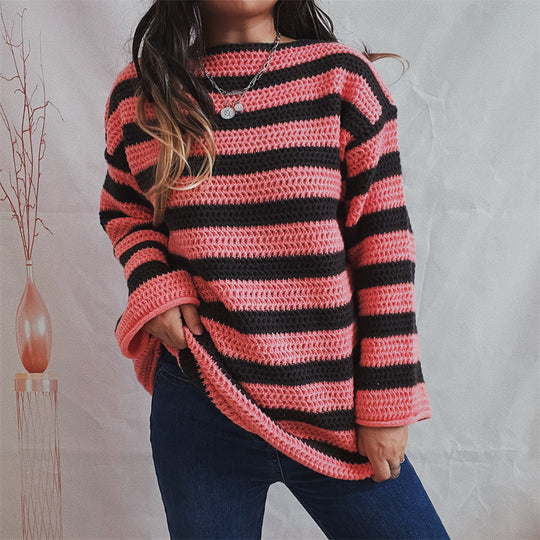 Damen lässiger Strickpullover mit kontrastierenden Streifen und weitem Schnitt Heidi-Mode