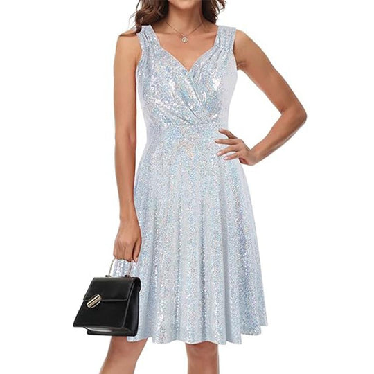 Damen Glitzerndes Cocktailkleid mit schwingendem Rock und V-Ausschnitt Heidi-Mode