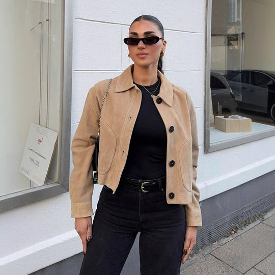 Damen cropped Jacke aus weichem Kunstleder mit seitlichen Eingrifftaschen Heidi-Mode