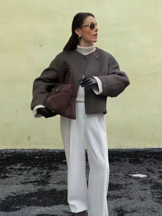 Damen Wickeljacke mit weiten Ärmeln und dekorativem Knopf Heidi-Mode