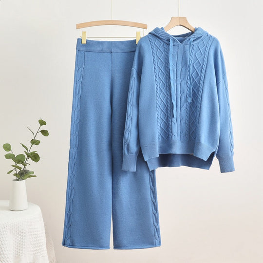 Damen lässiges Strick-Loungewear-Set mit Kapuze und breiten Beinen Heidi-Mode