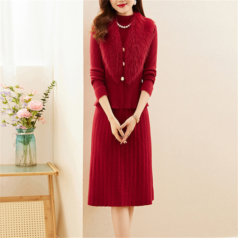 Damen elegantes Strickset mit hochwertigem Fellkragen und modischer Rippstruktur Heidi-Mode
