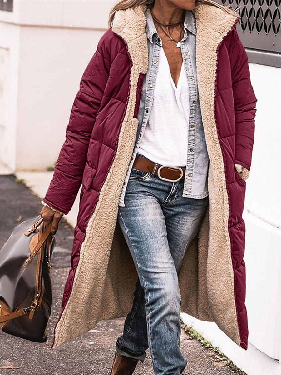 Damen Lange Steppjacke mit kuscheligem Innenfutter und Kapuze Heidi-Mode