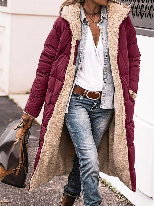 Damen Lange Steppjacke mit kuscheligem Innenfutter und Kapuze Heidi-Mode