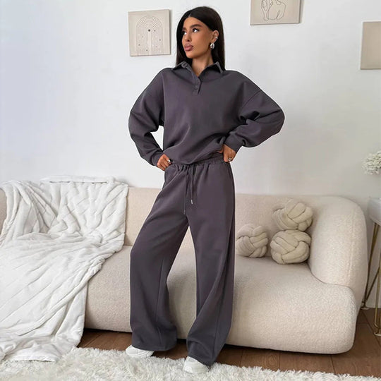 Damen bequemer Polopullover und entspannte Hose Set Heidi-Mode