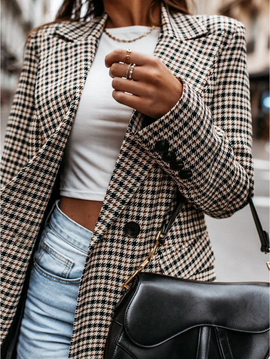Damen lässiger Oversized-Blazer mit klassischem Hahnentrittmuster Heidi-Mode
