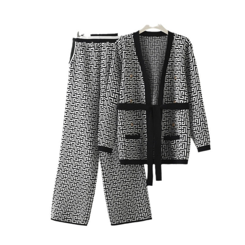Damen lässiges Strick-Loungewear-Set mit geometrischem Muster Heidi-Mode
