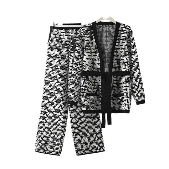 Damen lässiges Strick-Loungewear-Set mit geometrischem Muster Heidi-Mode