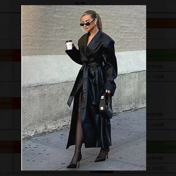 Damen elegante Kunstleder-Trenchcoat mit Gürtel Heidi-Mode