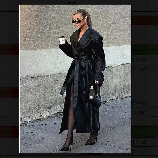 Damen elegante Kunstleder-Trenchcoat mit Gürtel Heidi-Mode