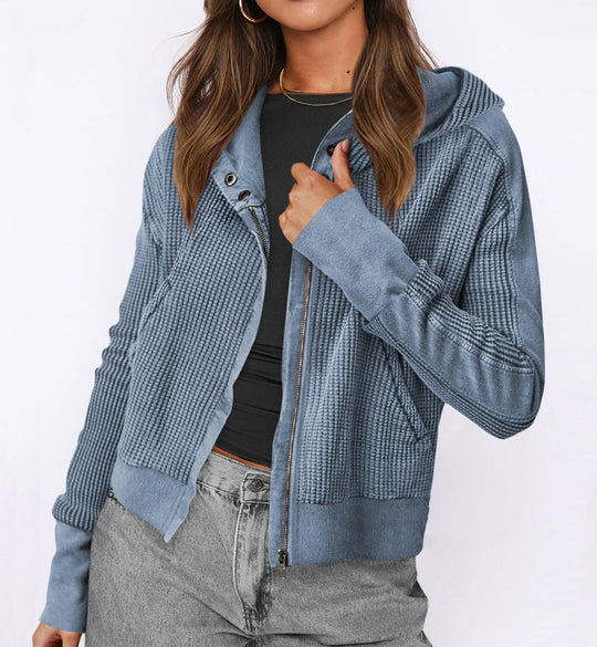 Damen lässige Zip-Jacke mit Kapuze und strukturiertem Design Heidi-Mode