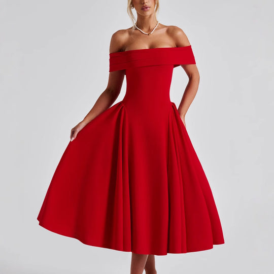 Damen Cocktailkleid mit schulterfreiem Design und voluminösem Rock Heidi-Mode