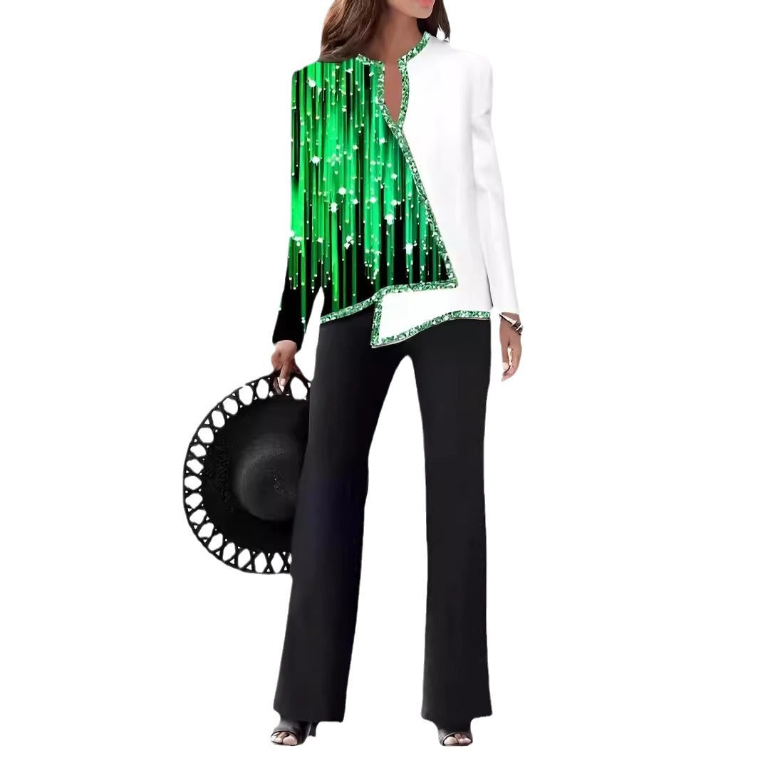 Heidi-Mode | 3D Digitaldruck V-Ausschnitt asymmetrisches Shirt- und Hosen-Set