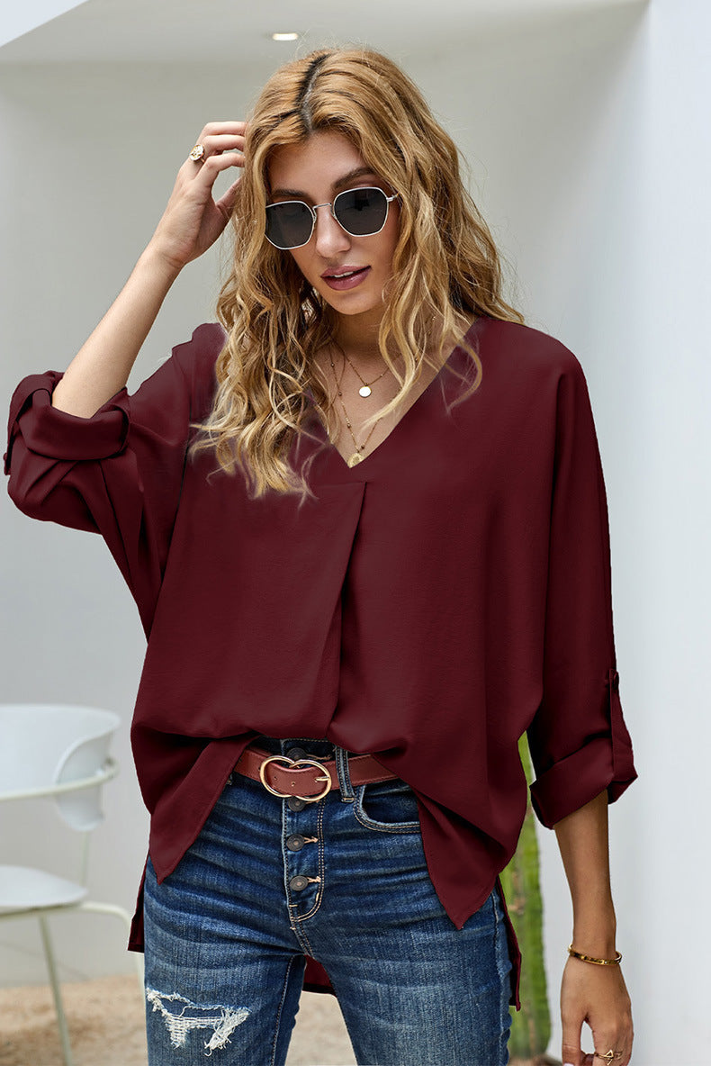 Damen Bluse mit V-Ausschnitt und lässigen langen Ärmeln Heidi-Mode